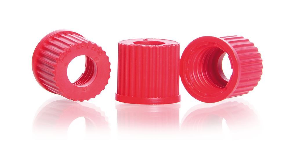 Screw caps with borehole, PBT, red, GL 18, Ø borhole 11 mm, -45 to +180 °C - Luminix Health