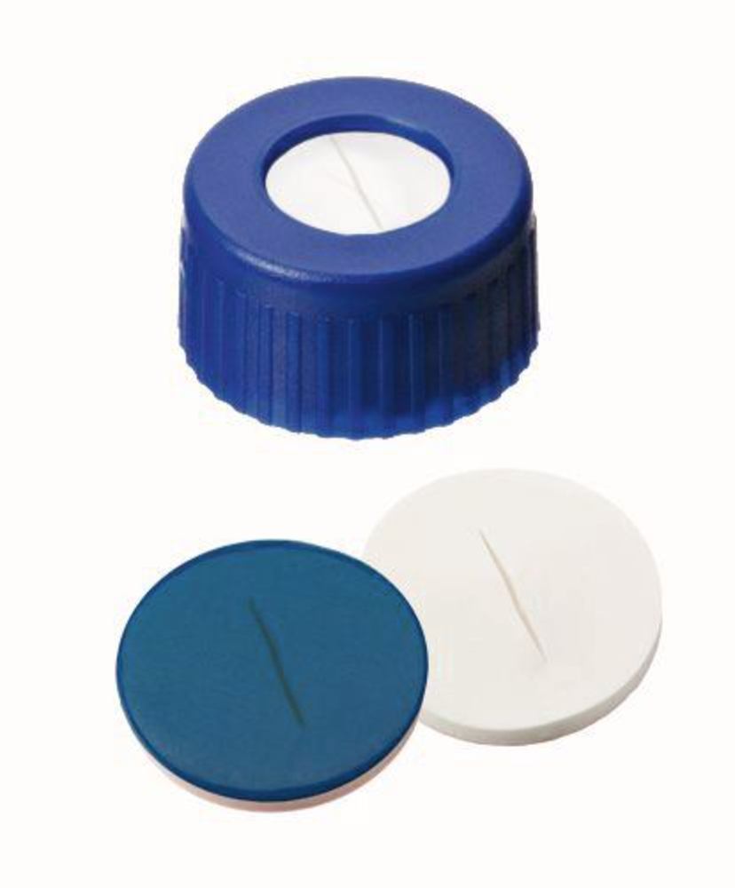Screw caps with bore hole, PP, ND9, Septum Silic./PTFE slotted, 1.0 mm 55° - Luminix Health
