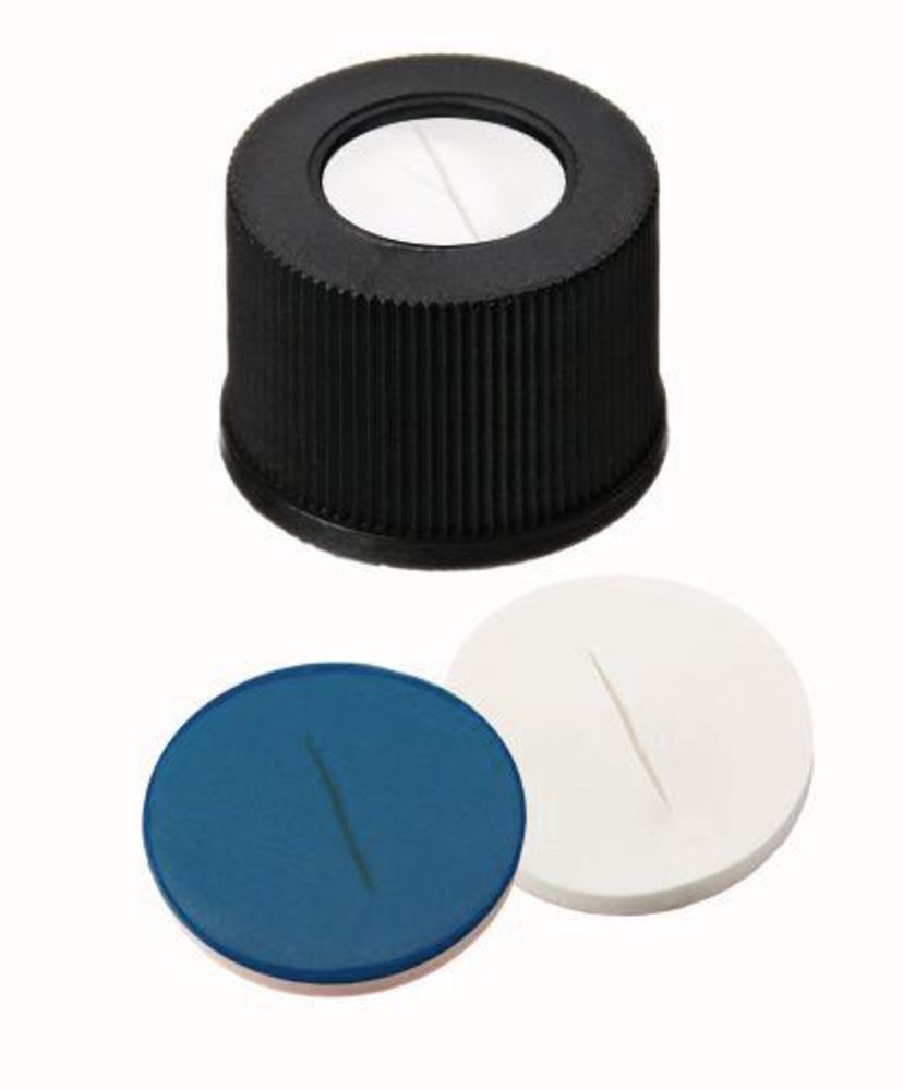Screw caps with borehole, PP, ND10, Septum Silic./PTFE slotted, 1,5mm 55° - Luminix Health
