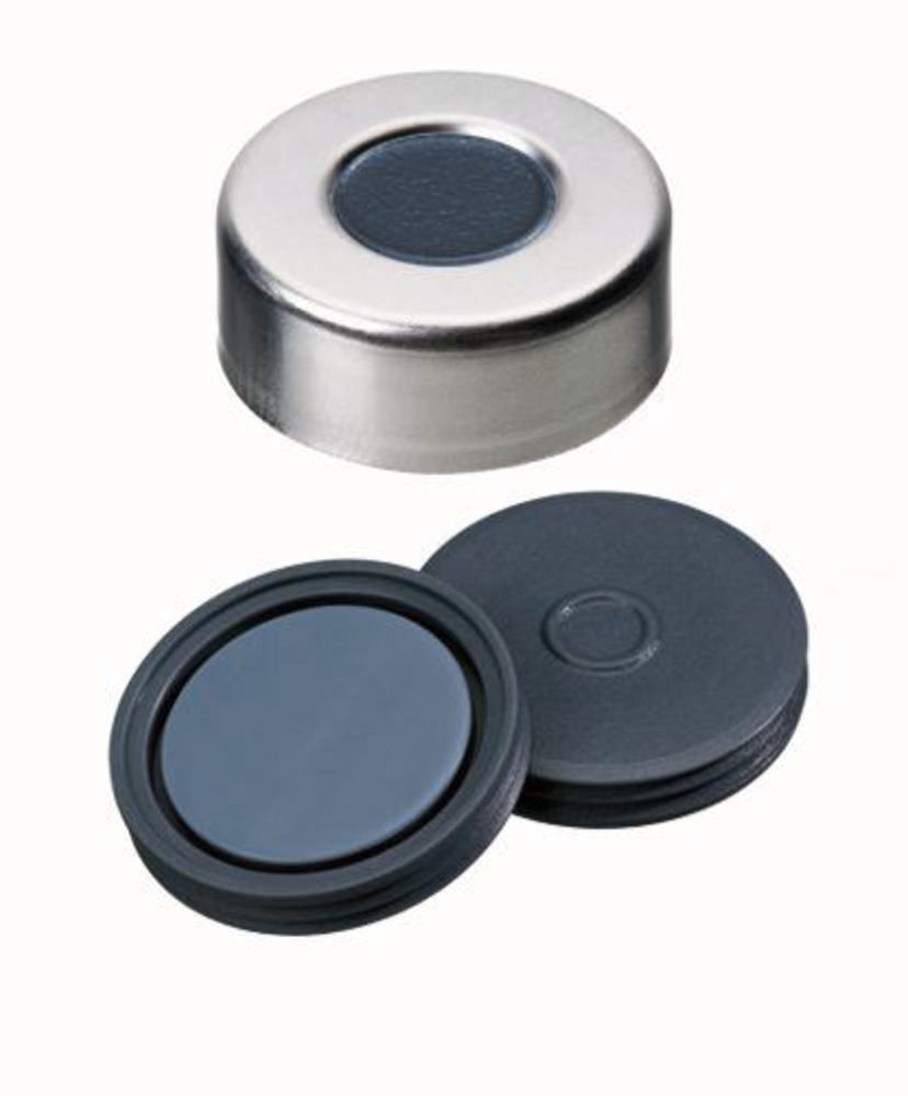 Crimp caps with bore hole, Al, ND20, Septum Pharma-Fix Butyl/PTFE, 3,0 mm 50° - Luminix Health