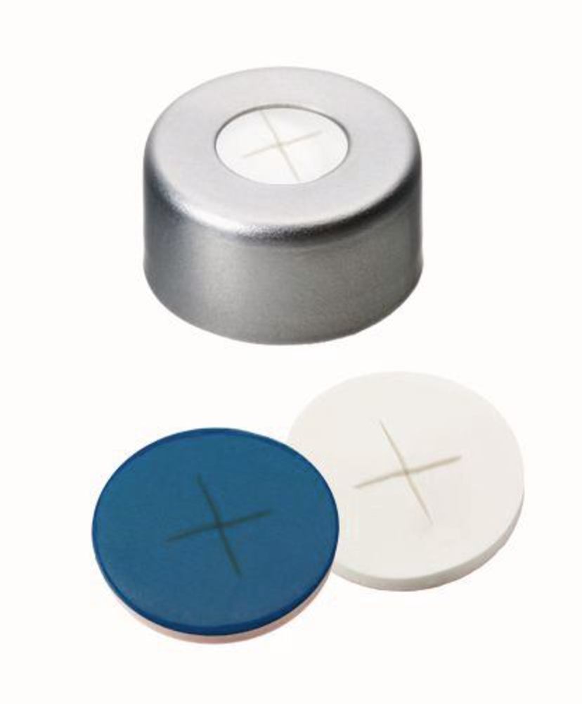 Flange caps with bore hole, Al, ND11, Septum silic./PTFE, slotted, 1.5 mm, 55° - Luminix Health
