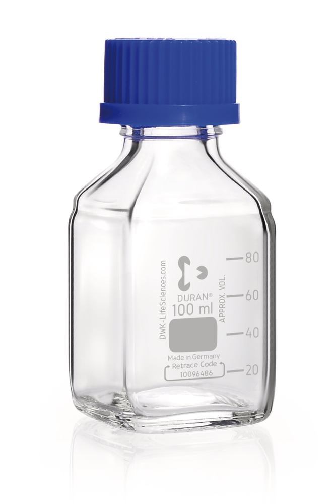 Square bottles, DURAN®, transparent, w. pouring spout ring and cap, PP, 100ml - Luminix Health