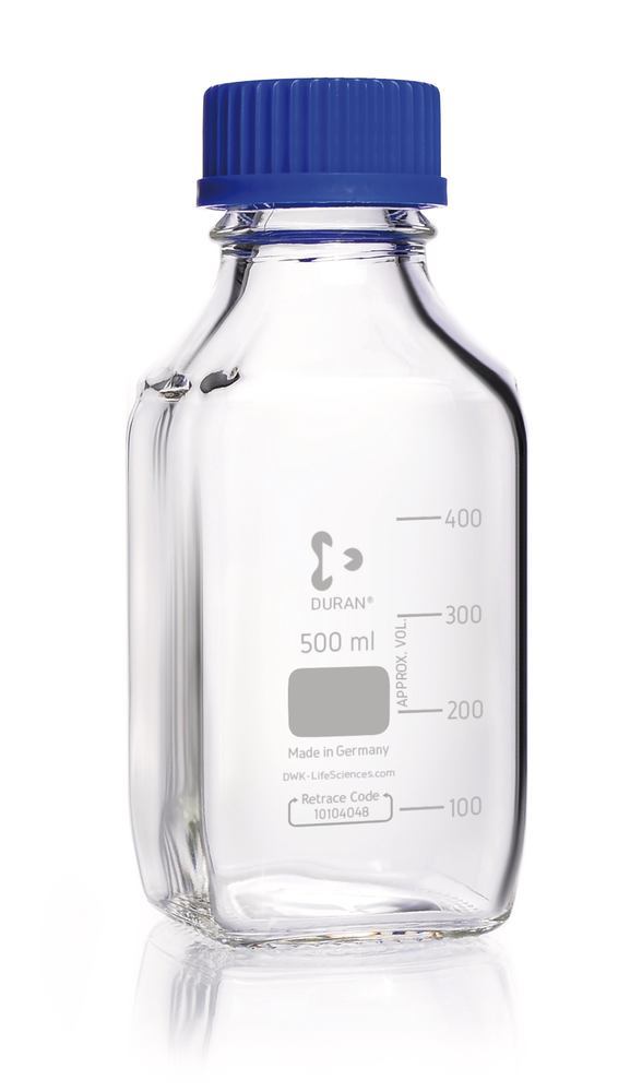 Square bottles, DURAN®, transparent, w. pouring spout ring and cap, PP, 500ml - Luminix Health