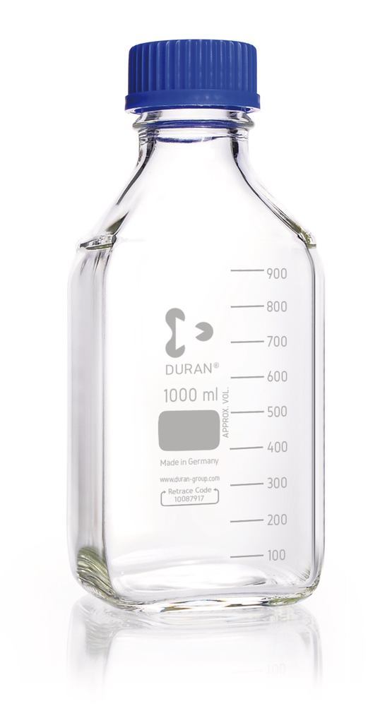 Square bottles, DURAN®, transparent, w. pouring spout ring and cap, PP,1000ml - Luminix Health