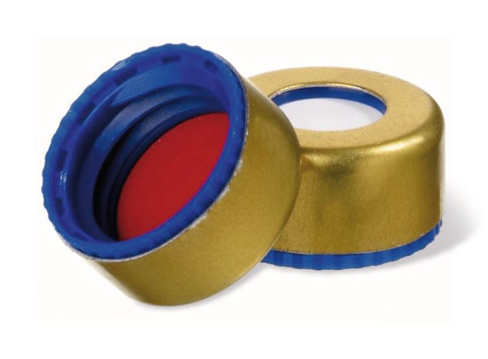 Magnetic flanged caps w. bore hole, ND9, Septum Silic./PTFE UltraCl., 1.0 mm 55° - Luminix Health