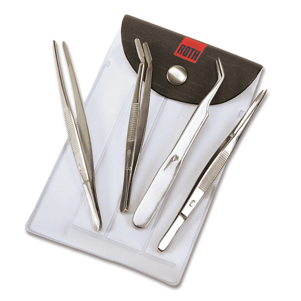 Rotilabo® tweezers set, 4 stainless-steel tweezers in case, 1 unit(s) - Luminix Health