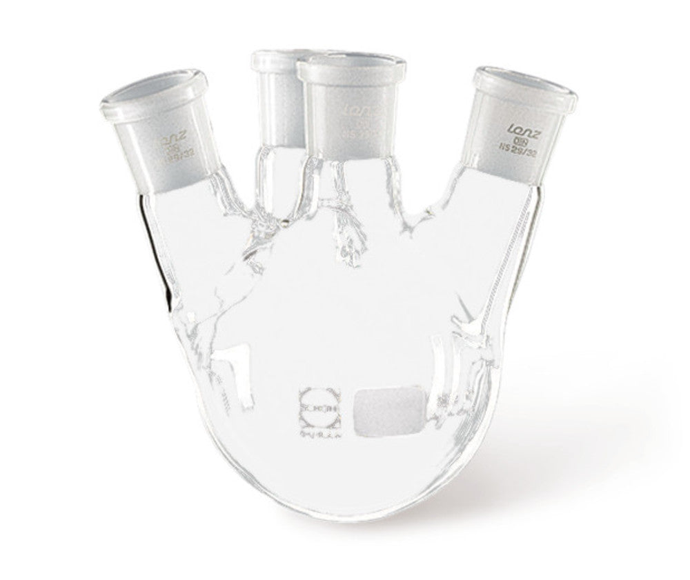 Four-necked round bottom flask, 500 ml, centre neck, s. necks NS29/32 angled 15° - Luminix Health