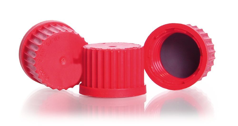 Screw caps made of PBT, red, GL 25, Ø 33 x H 23 mm, 10 unit(s) - Luminix Health