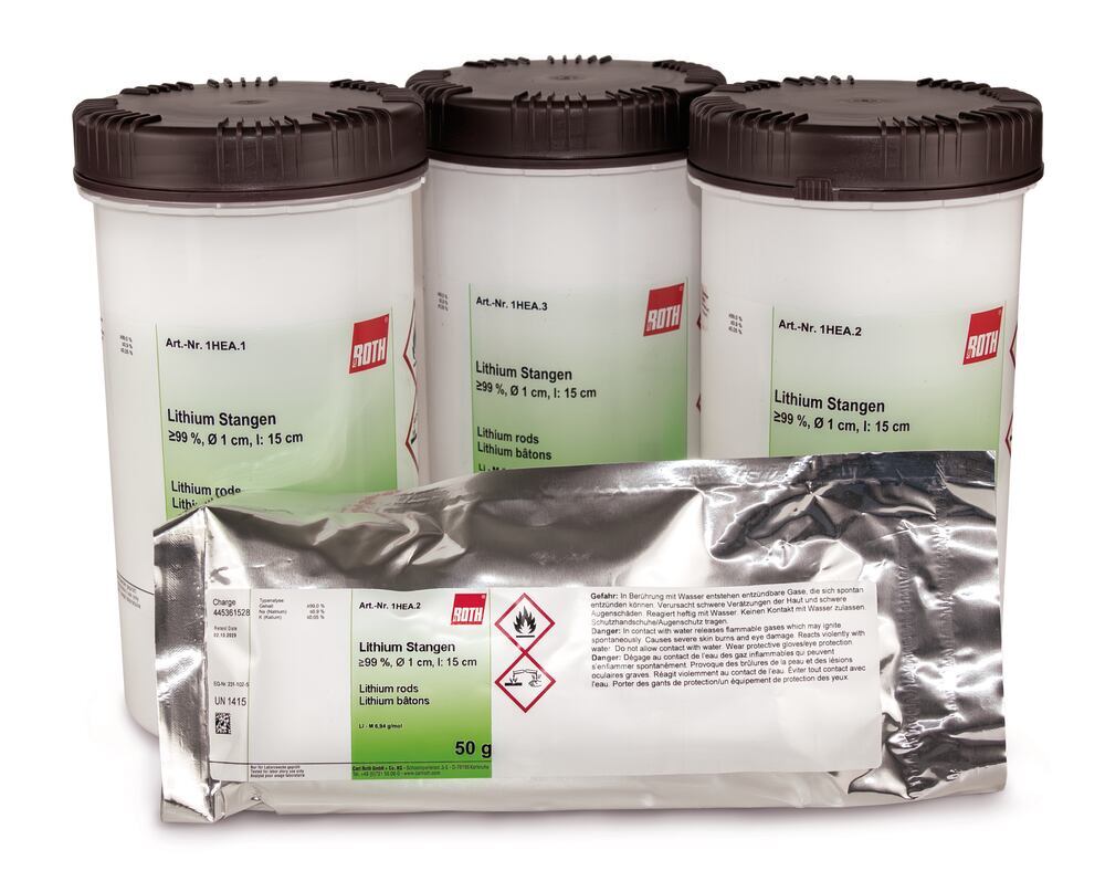 Lithium rods min. 99 %, diameter 1 cm, length 15 cm, 100 g, Carl Roth, art. 1HEA.1