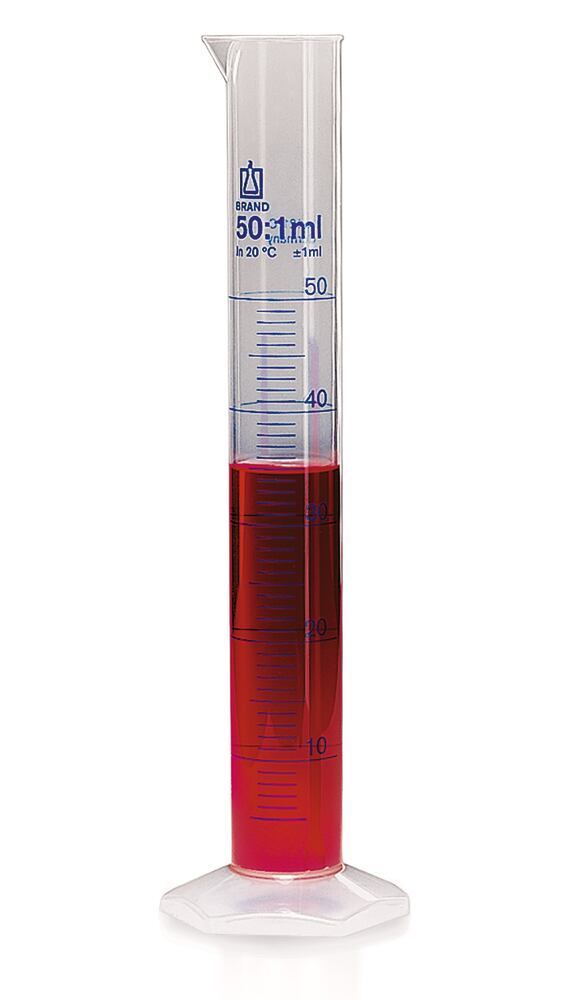 Measuring cylinder, tall form, 500 ml: 5 ml, PP, blue graduations — class B, Brand, art. 34854