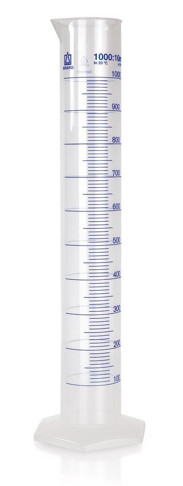 Measuring cylinder, tall form, 1000 ml: 10 ml, PP, blue graduations — class B, Brand, art. 34862