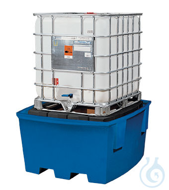 IBC station PE blue with storage mount trucklift pockets V=1000L, 1380x1575x760