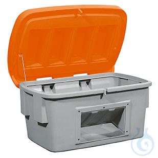 Grit container with dispensing hatch PE orange V=700 L, 1400x1070x930