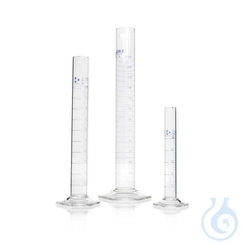 DURAN® Measuring Cylinder, hexagonal base, Class A, blue scale, ring graduations