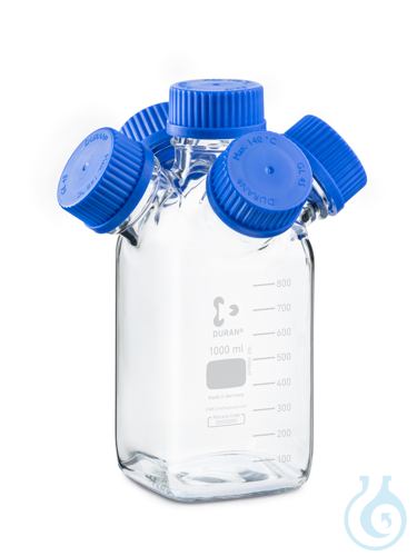 DURAN® GL 45 Hydra HPLC Purging Bottle square, clear, with 4 GL 45 side necks