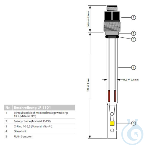 LF 1101 T, Conductivity cell with screw plug head, 2 pole cell, glass shaft,