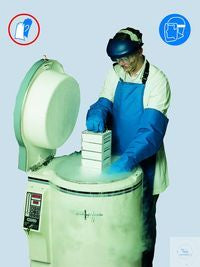 Cryo-temp-shield, face shield, apron, safety sign and gloves, forearm length