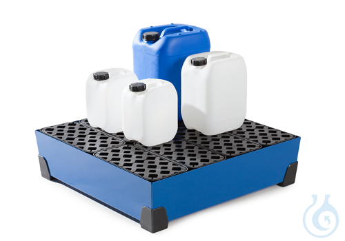 Sump for small containers steel lam. blue grid PE PE feet V=90L, 774x774x200