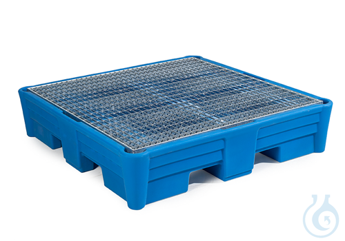Sump pallet PE blue grid galv. forklift accessible V=220L, 1330x1330x295