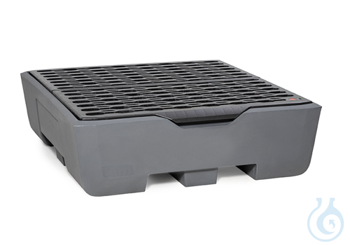 Sump pallet PE grey grid PE forklift accessible V=340L, 1314x1349x400