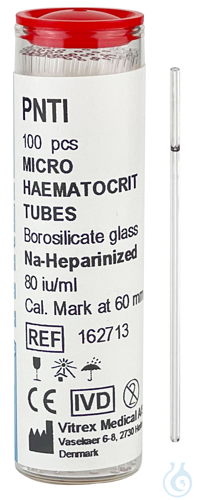 Micro hematocrit capillaries, CE heparinized, with mark at 60 mm