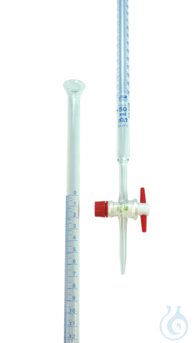 Burettes , clear glass, Boro 3.3, Class AS, blue graduated , straight PTFE