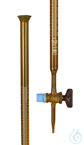 Burettes, amber borosilicate glass, white graduation, with interchangeable PTFE