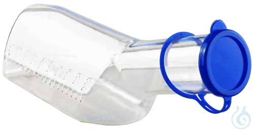 Male urinals of polycarbonate, transparent, with approximate scale with cover