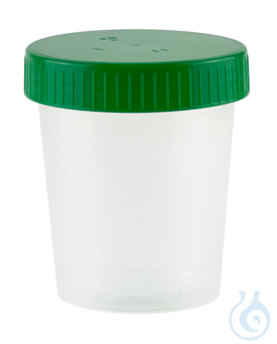 Urine specimen containers, polypropylene, disposable, with scale, screw cap and