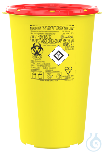 Sharps disposal box, polypropylene, with cover 1800 ml
