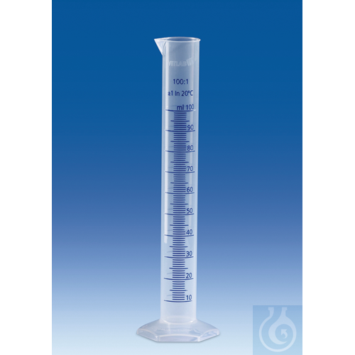 Graduated cylinders, PP, tall form, 100 ml : 1 ml, blue scale