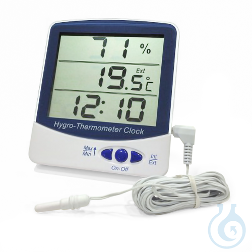 Digital Hygro-Thermometer type 15020, 1-99%, -50+70 °C, 3 m cable, with clock