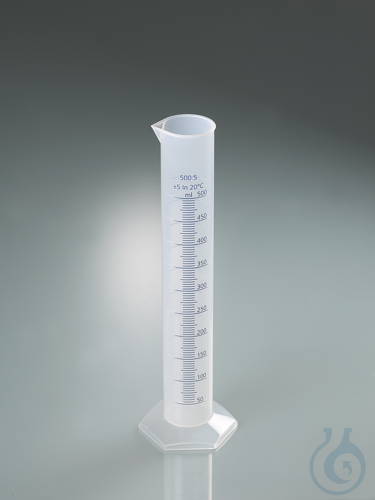 Grad. cylinder, PP, blue scale, categ. B, 500 ml