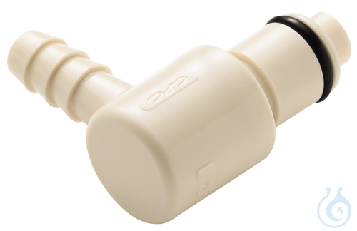 CPC coupling, PP, male, w/ valve, angled, Ø 6,5 mm