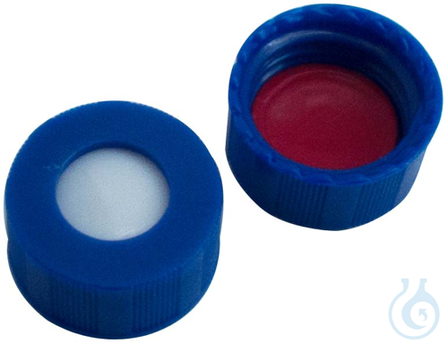 9 mm UltraBond PP short thread cap, blue, w/ hole, silicone white/PTFE red, 1mm