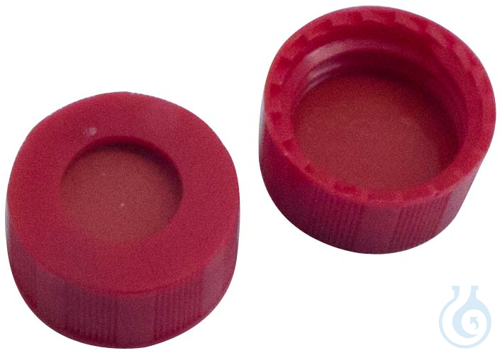 9 mm PP short thread cap, red, w/ hole, natural rubber red-orange/TEF transp.