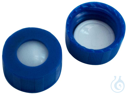 9 mm UltraClean PP short thread cap, blue, w/ hole, silicone beige/PTFE white