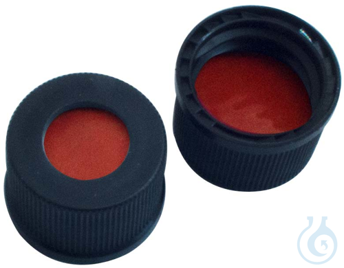 13 mm PP screw cap, black, with hole, NK red-orange/TEF transparent, 1.3 mm