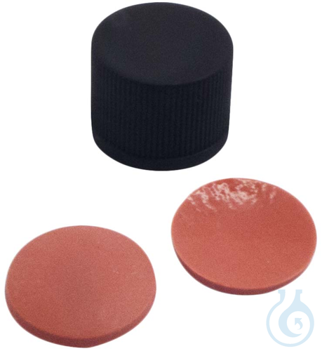 15 mm PP screw cap, black, closed, NK red-orange/TEF transp., 60°shore A, 1.3 mm
