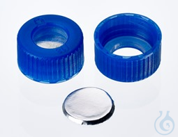 9mm seal: PP short thread cap, blue, hole, Aluminum seal, 0,06 mm, 10 x 100 pc