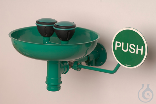 Safety eye shower with catch basin for wall mounting surface-mounted