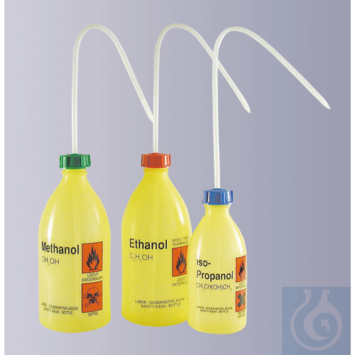 Wash bottle, narrow neck, PE-LD, yellow, capacity 250 ml, hexane