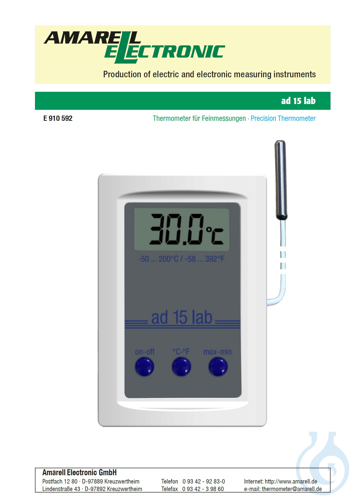 Electronic digital therm. ad 15 lab, -50...+200:0,1°C, switchable °F, max/min