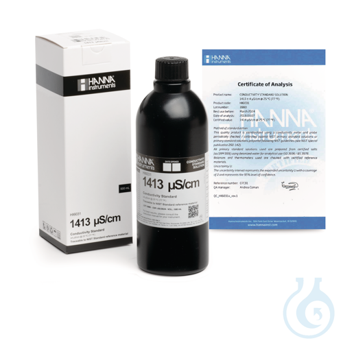 1413 µS/cm EC value @25°C, 500 mL bottle with certificate of analysis