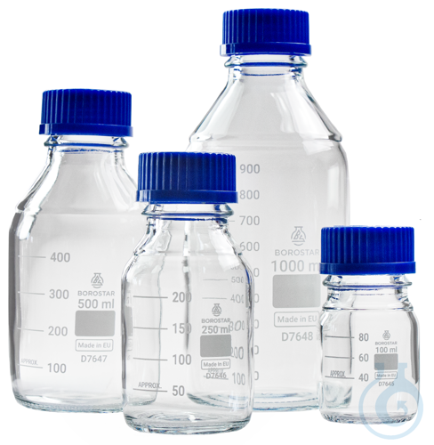 Borostar Laborflaschen 250ml, GL45 mit blauer Schraubkappe, Boro 3.3