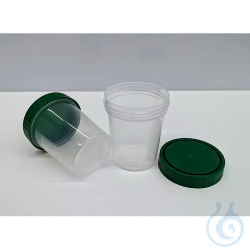 Sample beaker with lid, non-sterile, beaker and green lid separately 100 ml
