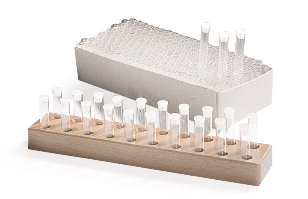 Sample vial holder, hardwood, L 257 x W 47 x H 24 mm, borehole-Ø 11 mm - Luminix Health
