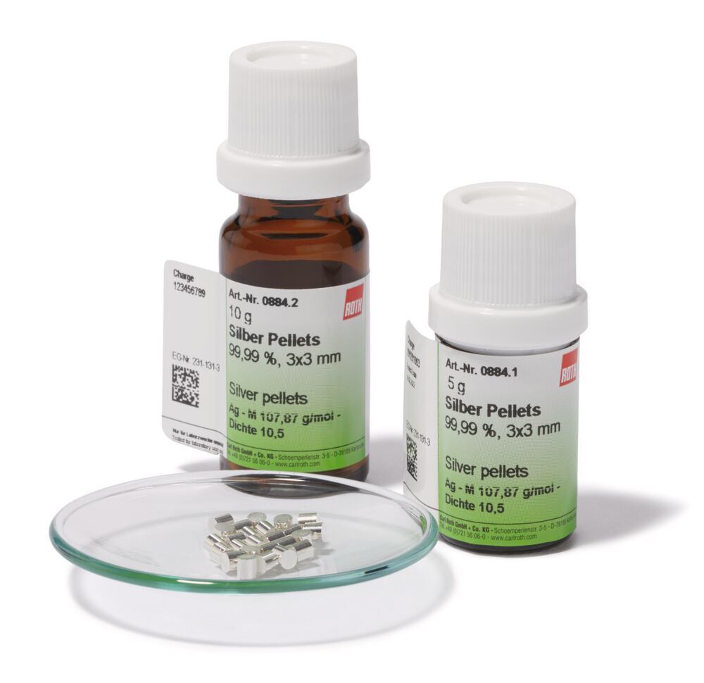 Silver pellets, min. 99,99 %, 3x3 mm, 5 g, glass - Luminix Health