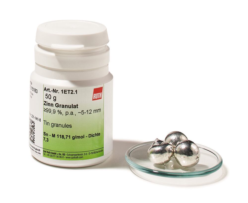 Tin granules, min. 99,9 %, p.a., 5-12 mm, 50 g, plastic - Luminix Health