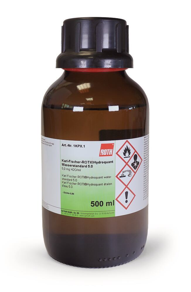 Karl Fischer ROTI®Hydroquant, water standard 5.0, 5,0 mg H2O/ml, 500 ml, glass - Luminix Health
